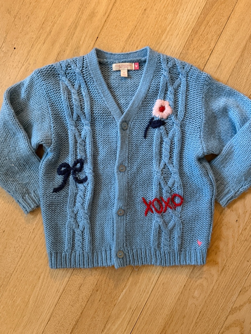 Pink Chicken Light Blue Cable Knit Cardigan with Embroidered Accents